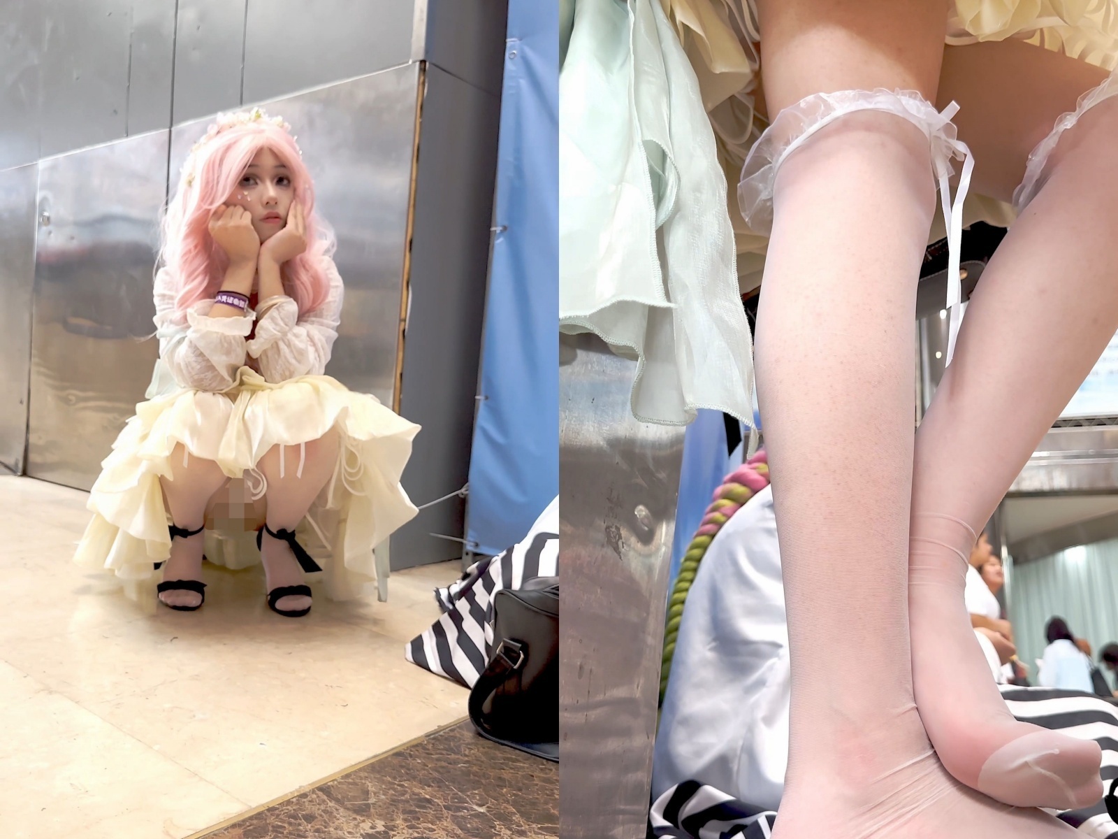 【KFC】洛丽塔学生妹蹲下露出白内·过膝白丝袜脚累把鞋脱了【1V】【517M】